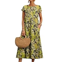 Womens Cotton Linen Midi Dress Crew Neck Short Sleeve Printed A Line Long Dress Summer Loose Fit Comfy Flowy Dresses