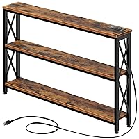 Rolanstar Sofa Table with Charging Station, 3 Tier Narrow Console Storage Shelf and Power Outlet, 47” Entryway Metal Frame Behind Couch Hallway Entrance for Living Room