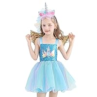Dressy Daisy Girls Dress Up Costume Unicorn Rainbow Princess Dresses with Hair Hoop Wing Size 3-8