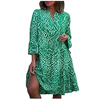 Women's Summer Boho Dress Casual Loose Vintage Swing Dresses 3/4 Sleeve V Neck Tunic Dresses Flowy Beach Sundresses Green