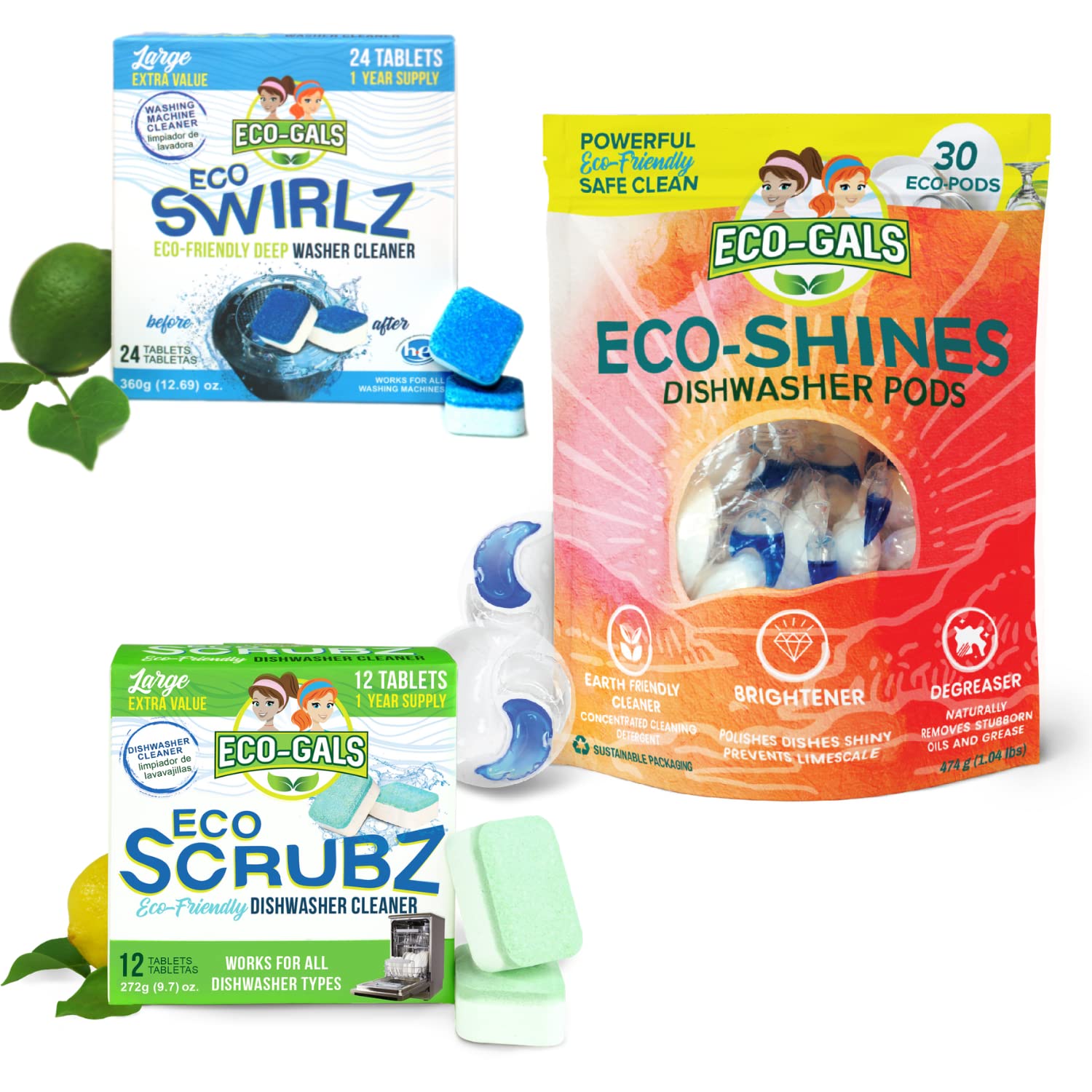 Eco-Gals Eco Scrubz Deep Dishwasher Machine Cleaner Unscented, 12 Count Tablets - 1 Year Supply plus Eco-Shines Dishwasher Detergent Pods With 3 in 1 Power of Liquid, Powder, and Gel for Brig