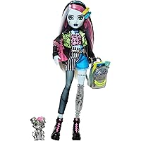 Monster High Frankie Stein Doll in Denim Jacket & Shorts, Includes Pet Dog Watzie & Accessories Like a Backpack, Snack & Notebook