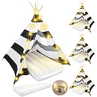 4 Pack Teepee Tent for Kids with Air Mattress and Light String,Kids Sleepover Tent Music Black White Tent Natural Cotton Washable Toddler Play Tent Foldable for Girls Boys Outdoor Indoor