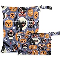 visesunny Vintage Spooky Cat Halloween Pumpkin Purple Pattern 2Pcs Wet Bag with Zippered Pockets Washable Reusable Roomy for Travel,Beach,Pool,Daycare,Stroller,Diapers,Dirty Gym Clothes, Wet Swimsuits