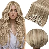 Full Shine Clip in Hair Extensions Dirty Blonde Highlights Light Blonde Hair Extensions Clip ins Real Hair Extensions Silky Straight Real Hair Extensions 20 inch 7pcs 120g
