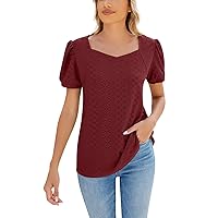 Women's Tops Fashion Casual Solid Color Square Neck Puff Short Sleeve T-Shirt Soft Lightweight Loose Top, S-2XL