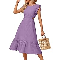 JASAMBAC Women's Summer Casual Tiered Dress Flutter Short Sleeve Dresses Elegant Flowy A Line Cut Out Boho Midi Dress