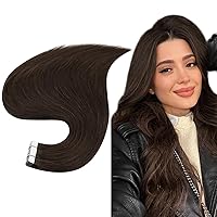 Full Shine Dark Brown Tape in Hair Extensions Human Hair 20inch Hair Extensions Human Hair Brown #2 Invisible Hair Extensions Skin Weft Tape 20Pieces 50Grams