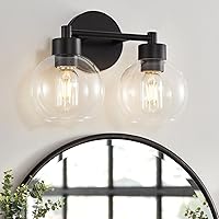 Black Bathroom Light Fixtures, 2 Lights Bathroom Vanity Light with Clear Globe Glass Shades, Wall Sconce Lamp for Mirror, Bedroom, Living Room, Kitchen