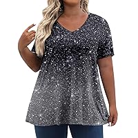 Summer Tops for Women Plus Size Tops V Neck Short Sleeve Shirts Summer Outfits for Women Casual Cute Butterfly Print Blouses