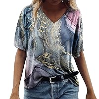 Cute Tops for Women Summer,Women's Fashion Casual Print V-Neck Short Sleeve Tunic Tops Printed Basic T-Shirt