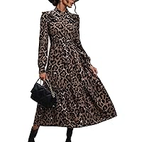 Fall Dresses for Women 2023 Button Front Leopard Print Ruffle Trim Shirt Long Dress