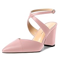 Womens Solid Pointed Toe Evening Buckle Ankle Strap Dress Matte Chunky High Heel Pumps Shoes 3.3 Inch