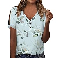 Womens Summer Tops Cold Shoulder V Neck Button Printed Blouse 2024 Casual Short Sleeve Loose Fit Tshirts