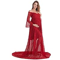 AYMENII Women's Maternity Lace Photography Gown Bell Sleeve V-Neck Wedding Party Photo Shoot Baby Shower Dress w/Train
