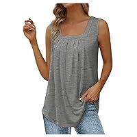Summer Tank Tops for Women Solid/Print Square Neck Pleated Shirts Casual Flowy Loose Fit Sleeveless Blouse