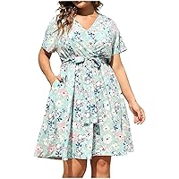 Summer Plus Size Dress for Women, Trendy Floral Print Bandage Waisted Mini Dress V Neck Short Sleeve Casual Wrap Dress