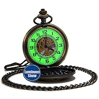 Mens Luminous Dial Hand Wind Mechanical Pocket Watch with Brand Leather Gift Box (Stand Up Black) (Brown)