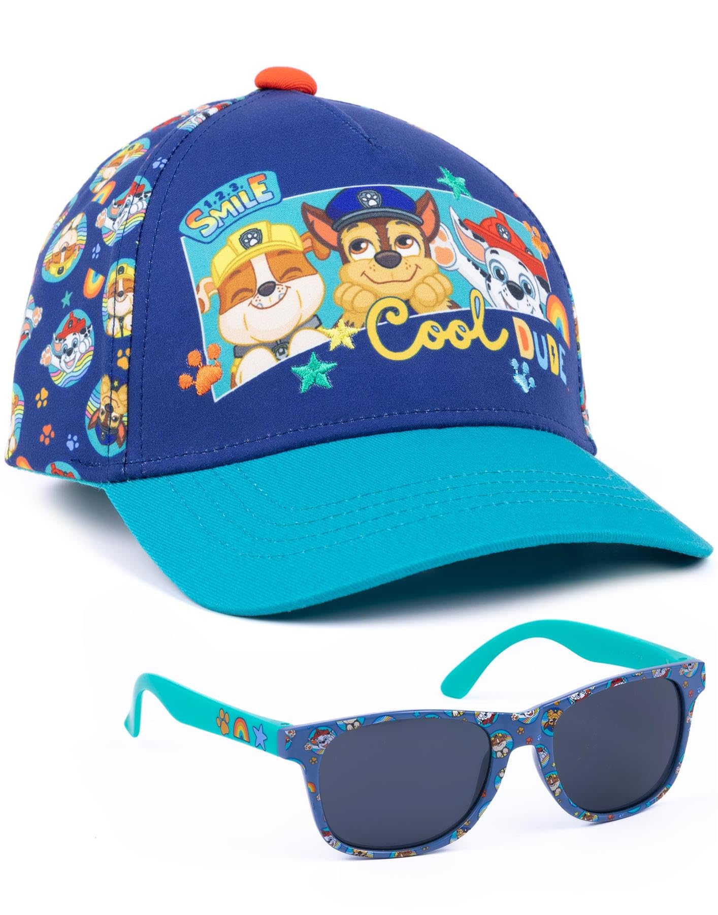 Paw Patrol Boys Snapback Cap & Sunglasses | Rubble Chase Marshall Cool Dude Blue Summer Hat & Shades | Adjustable Headwear