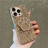 Cat Claw Bracket Mirror Phone Case for iPhone 15 14 13 12 11 Pro Max Wrinkle Plating Shockproof Stand Cover,Gold,for iPhone 15 Pro