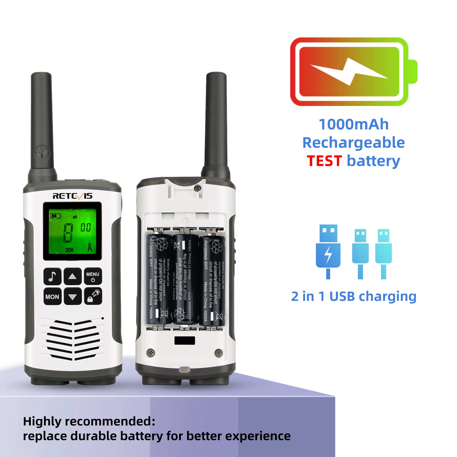 Retevis RT45 Rechargeable Walkie Talkies, Long Range Walkie Talkies for Adults, Portable FRS 2 Way Radio, NOAA Weather Alert, Two Way Radio 2 Pack for Camping Hiking