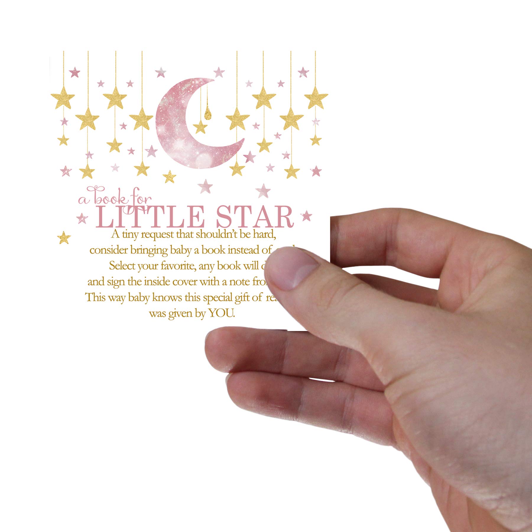 Paper Clever Party Twinkle Little Star Baby Shower Book Request Cards (25 Pack) Invitation Inserts Girls - Pink and Gold Moon