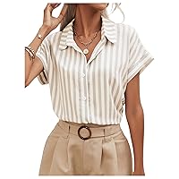 Verdusa Women's Stripe Print Short Sleeve Button Down Blouse Shirt Tops