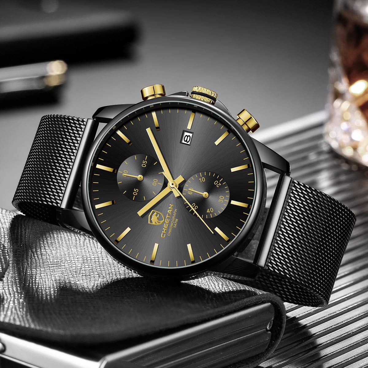 GOLDEN HOUR Mens Watch Fashion Sleek Minimalist Quartz Analog Mesh Stainless Steel Waterproof Chronograph Watches for Men with Auto Date