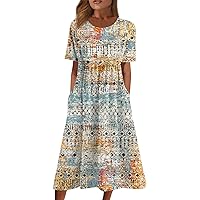 Summer Trendy Short Sleeve Midi Dress Casual Plus Size Smocked Flowy Dress Vintage Elegant Formal Floral Beach Dress
