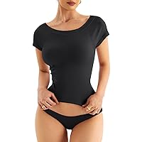 Women Boat Neck Seamless Top Built in Bra Ribbed Short Sleeve Fitted Shirts Summer Tops 2024