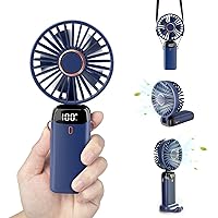 Personal Fan, Portable Hanging Neck Fan, 4000mAh USB-C Rechargeable 5-Speed Modes Powerful Desktop Fan with Base, Max 16H Run Time, Adjustable Lanyard and Bracket Hands-free Cooling Fan-Blue