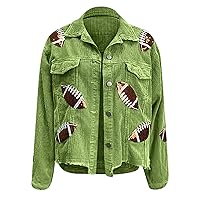 Women's Cropped Corduroy Jacket Football Print Raw Hem Fashion Outwear Button Down Lapel Crop Casual Jacket Coats