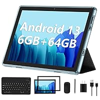 Android 13 Tablet 2023 New 10 Inch Tablets with 6GB RAM + 64GB ROM + 1TB Expanded Ouad-Core, 2 in 1 Tablet with Keyboard Mouse WiFi 6 Bluetooth, GMS Certified IPS Touch Screen Tablet - Blue Set