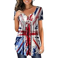 Women's 4Th of July Shirts Casual Trendy Plus Size Printed Short Sleeve Button V-Neck Pullover Top Tunic, S-5XL