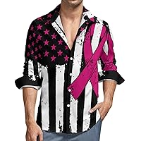 Awareness Ribbon Breast Cancer Men's Long Sleeve Shirt Button Down Casual Shirts for Beach Office Travel