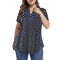 MONNURO Women's Plus Size Tunic Tops Henley V Neck Plaid Shirts Summer Short Sleeve Casual Blouses(Blue Polka Dot,4X)