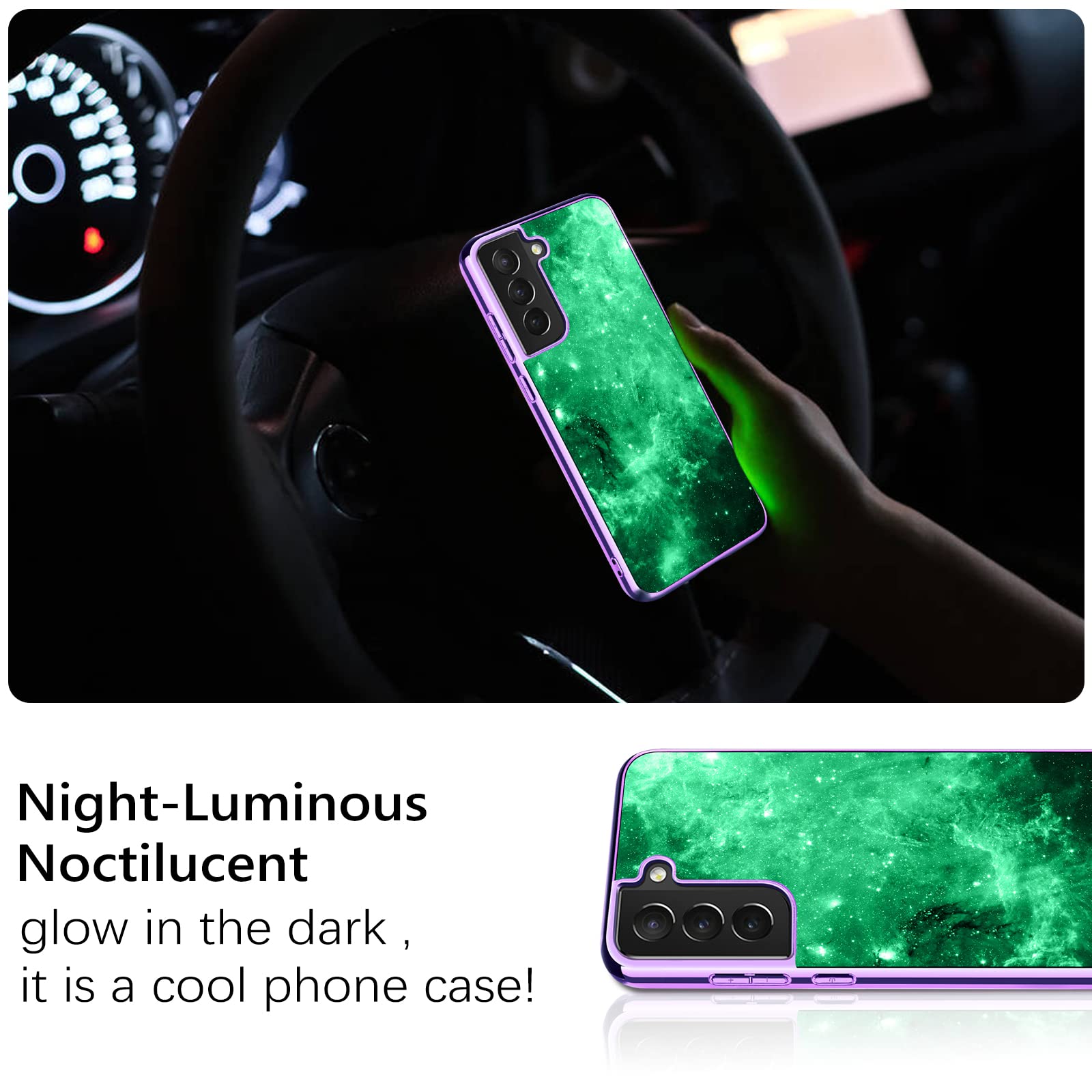 GUAGUA Compatible with Samsung Galaxy S21 FE 5G Case 6.4 Inch Glow in The Dark Noctilucent Luminous Space Nebula Slim Fit Cover Protective Anti Scratch Case for Galaxy S21 FE, Blue/Purple