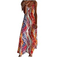 Women's Patriotic USA Flag Spaghetti Strap Maxi Dress Summer Sleeveless V Neck High Waist Backless Flowy Beach Dress