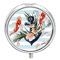 Round Pill Box Fish and Anchor Japanese Fish Portable Pill Case Medicine Organizer Vitamin Holder Container with 3 Compartments