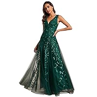 Ever-Pretty Women's V Neck Sleeveless Tulle Hem A-Line Sequins Maxi Evening Dress 02130