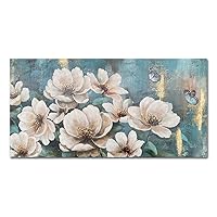 Flowers Wall Art Rustic Floral Buttefly Canvas Pictures for Bedroom White Blossom Teal Green Gold Textured Painting Living Room Wall Decor 40x20 Inch