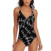 Airplane Pilot Heartbeat Women One Piece Swimsuits Tummy Control Bathing Suits V Neck Monokini for Party Beach