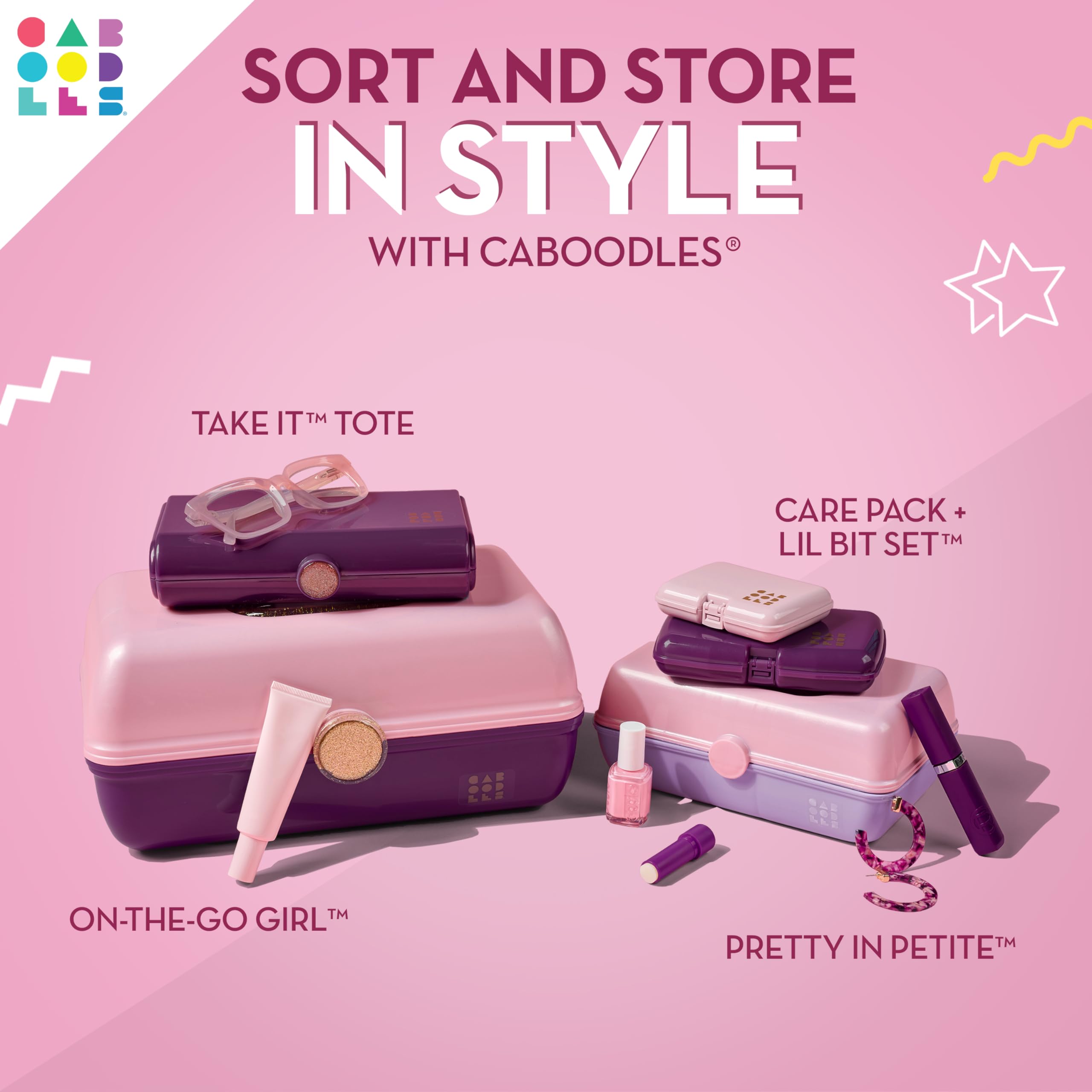 Caboodles Pretty in Petite Makeup Box, Pink Sparkle, Hard Plastic Organizer Box, 2 Swivel Trays, Fashion Mirror, Secure Latch for Safe Travel