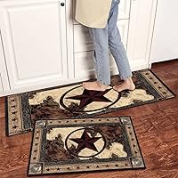 2 Pieces Non-Slip Vintage Style Kitchen/Bath Rug Runner Mat, Super Absorbent Rugs, Washable Carpet Kitchen Mats 19.7x31.5inch+19.7x47.2inch, Western Texas Star on Wood Panel Rustic