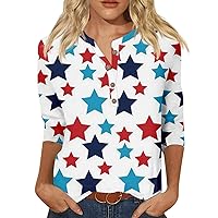 UOFOCO Summer Tank Tops for Women 2024 Button V Neck T Shirts for Women 2024 July 4Th New Patriotic Print Shirts 3/4 Length Sleeve Womens Tops Tees Blouses White Small
