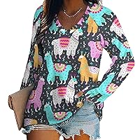 Llama Alpaca Women's V Neck Long Sleeve T-Shirt Casual Print Graphic Tee Tops