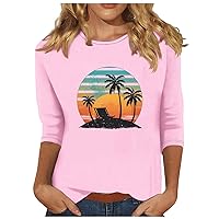 Tops for Women, Womens 3/4 Sleeve T Shirt Crewneck Cute Shirts Casual Fit Tropical Print Trendy Three Quarter Length Blouses