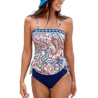 CUPSHE Women's Tankini Sets Two Piece Swimsuits Square Neck Removable Straps Ruched Drawstring Ribbed