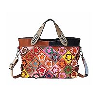 Genuine Leather Satchel for Women Hand Patchwork Flowers Random Colorful Square Stitching Handbags Purses Shoulder Bag