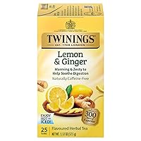 Twinings Lemon & Ginger Individually Wrapped Herbal Tea Bags, 25 Count Pack of 6, Spicy Ginger, Lemon Peel and Lemongrass